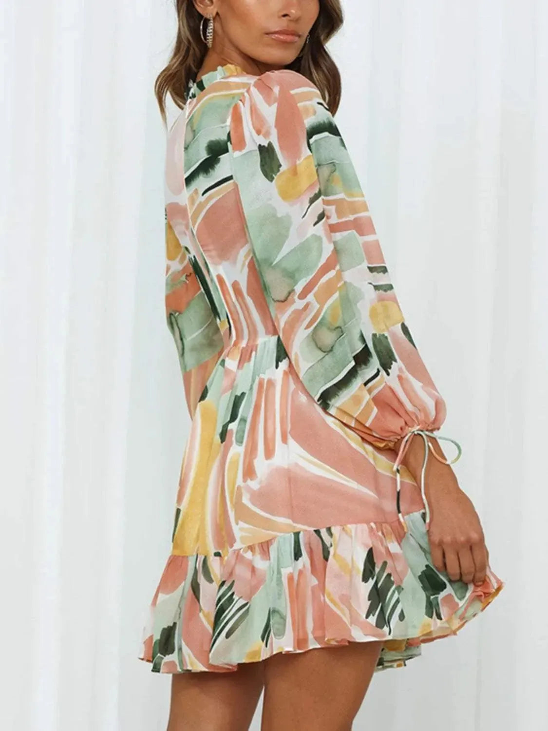 Printed Mock Neck Balloon Sleeve Mini Dress Casual Dresses - Tophatter Daily Deals